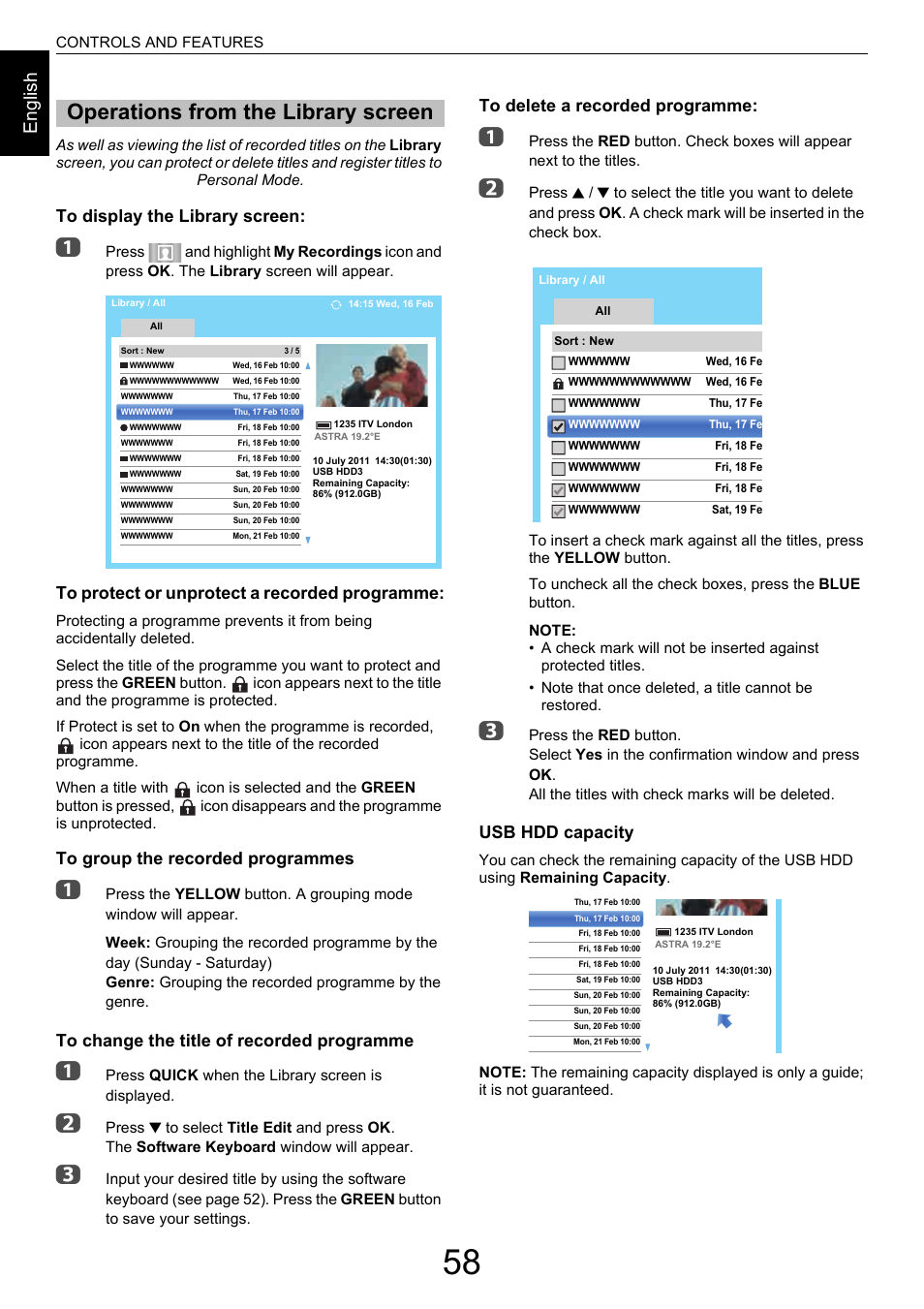 Operations from the library screen, En g lis h, Usb hdd capacity | Toshiba M9363 User Manual | Page 58 / 106