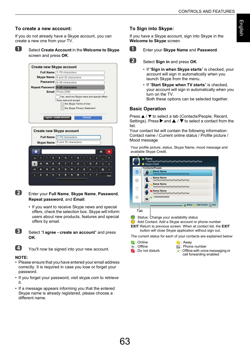 Engl ish, Basic operation, Controls and features | Enter your skype name and password | Toshiba M9363 User Manual | Page 63 / 106