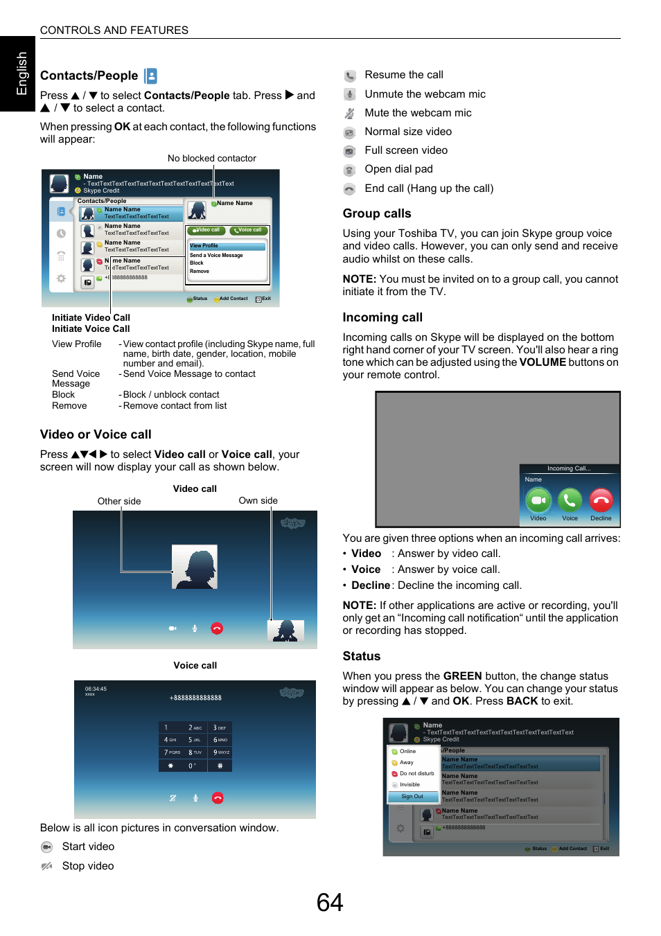 En g lis h, Contacts/people, Video or voice call | Group calls, Incoming call, Status, Controls and features, Press b / b to select contacts/people tab. press | Toshiba M9363 User Manual | Page 64 / 106