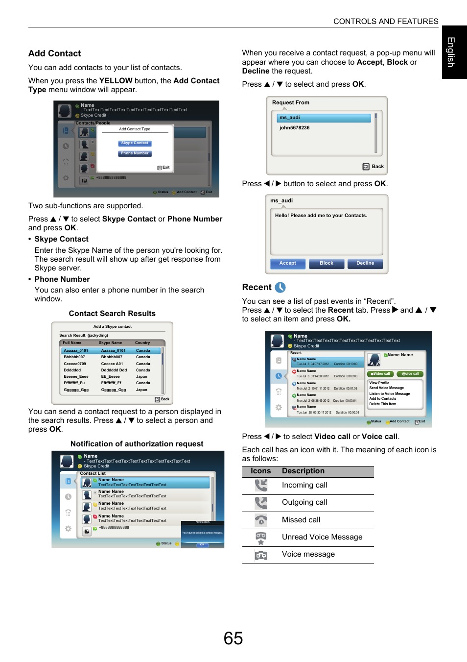 Engl ish, Add contact, Recent | Controls and features, Contact search results, Notification of authorization request | Toshiba M9363 User Manual | Page 65 / 106