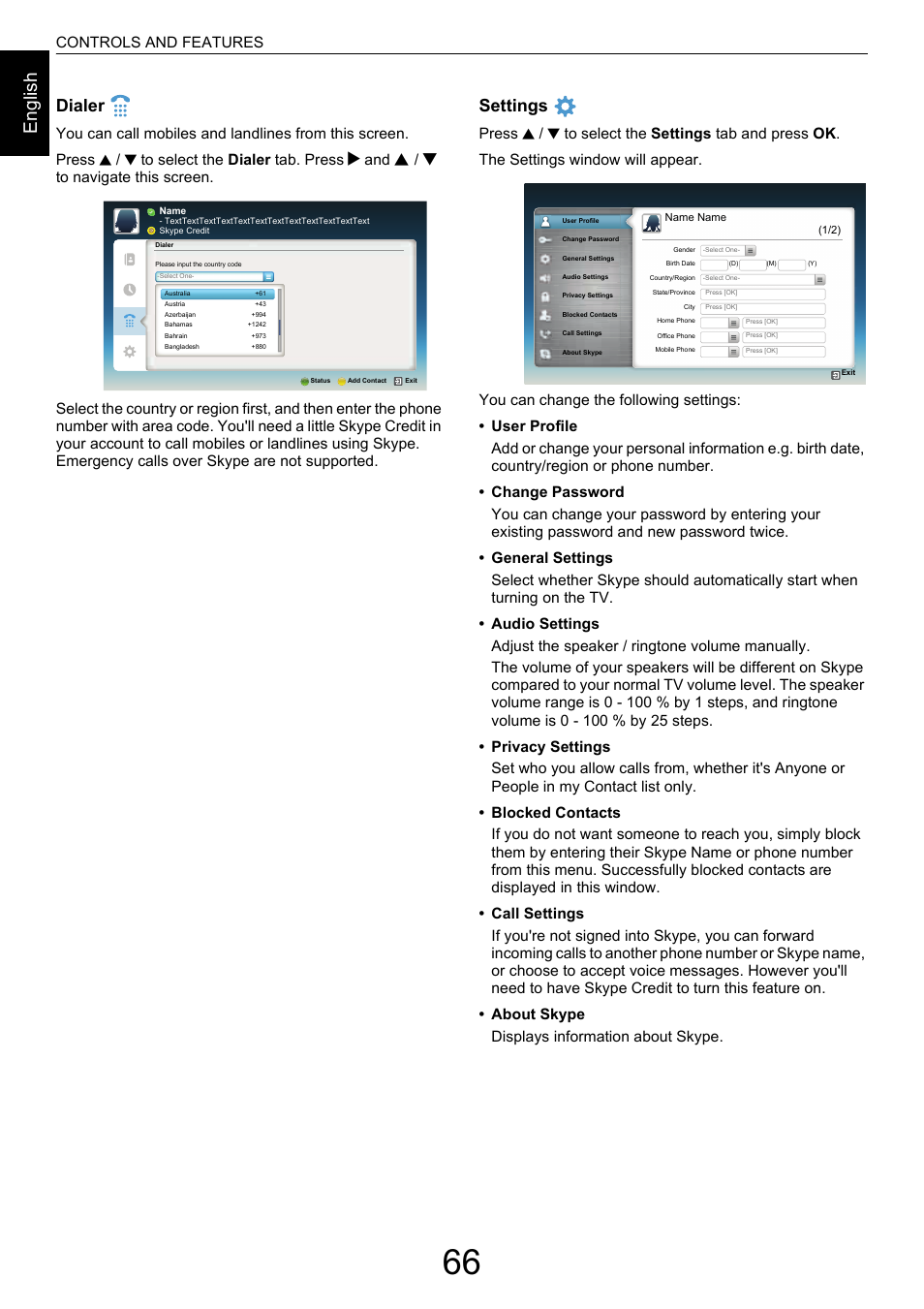 En g lis h, Dialer, Settings | Controls and features | Toshiba M9363 User Manual | Page 66 / 106