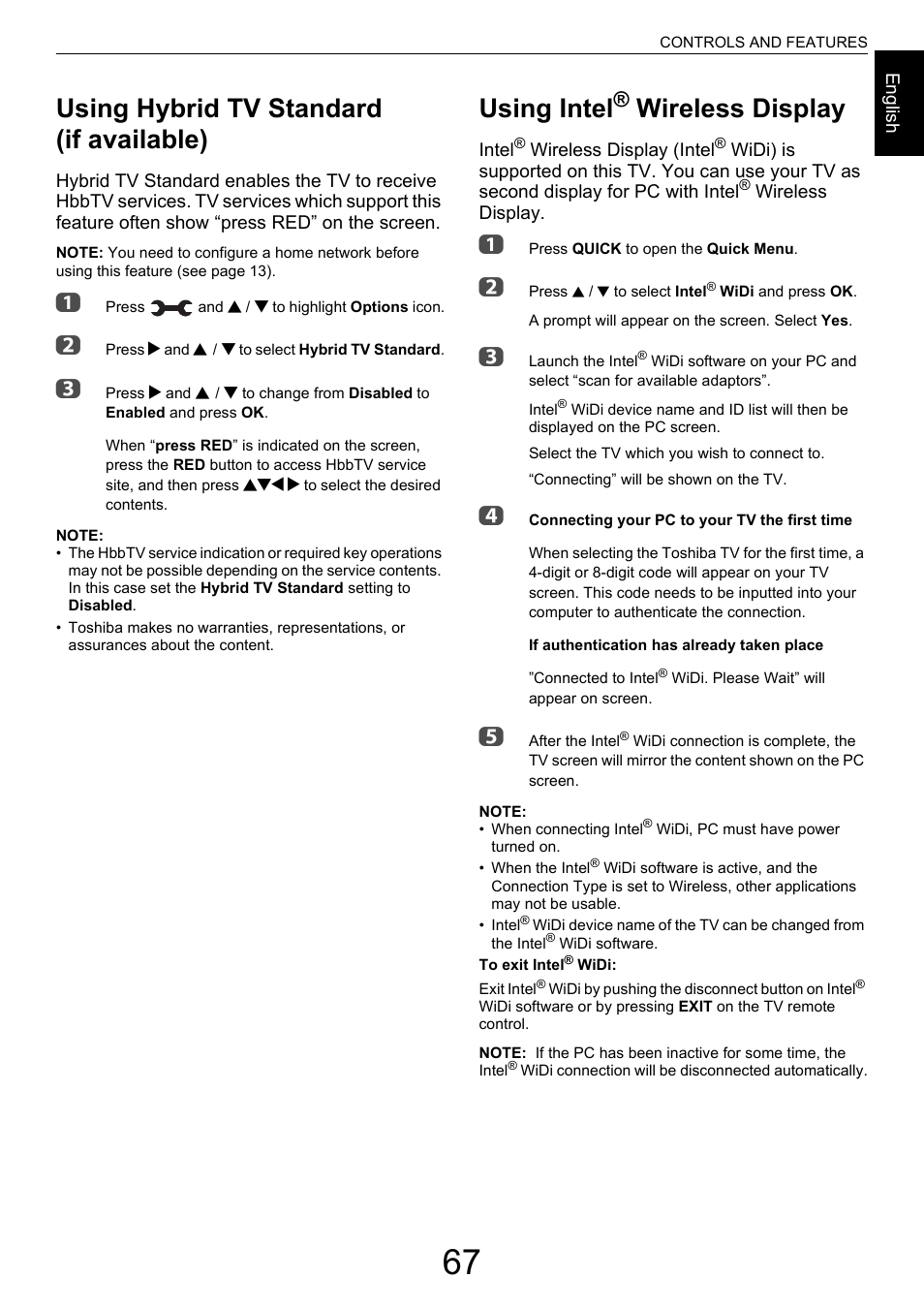 Using hybrid tv standard (if available), Using intel® wireless display, Wireless display | Using intel | Toshiba M9363 User Manual | Page 67 / 106