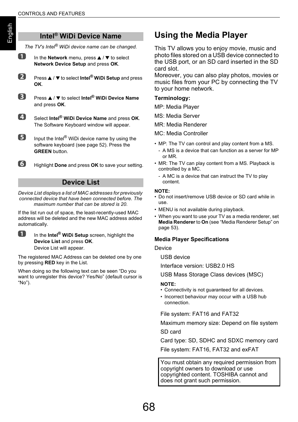 Intel® widi device name, Device list, Using the media player | Intel, Widi device name, Widi device name device list | Toshiba M9363 User Manual | Page 68 / 106