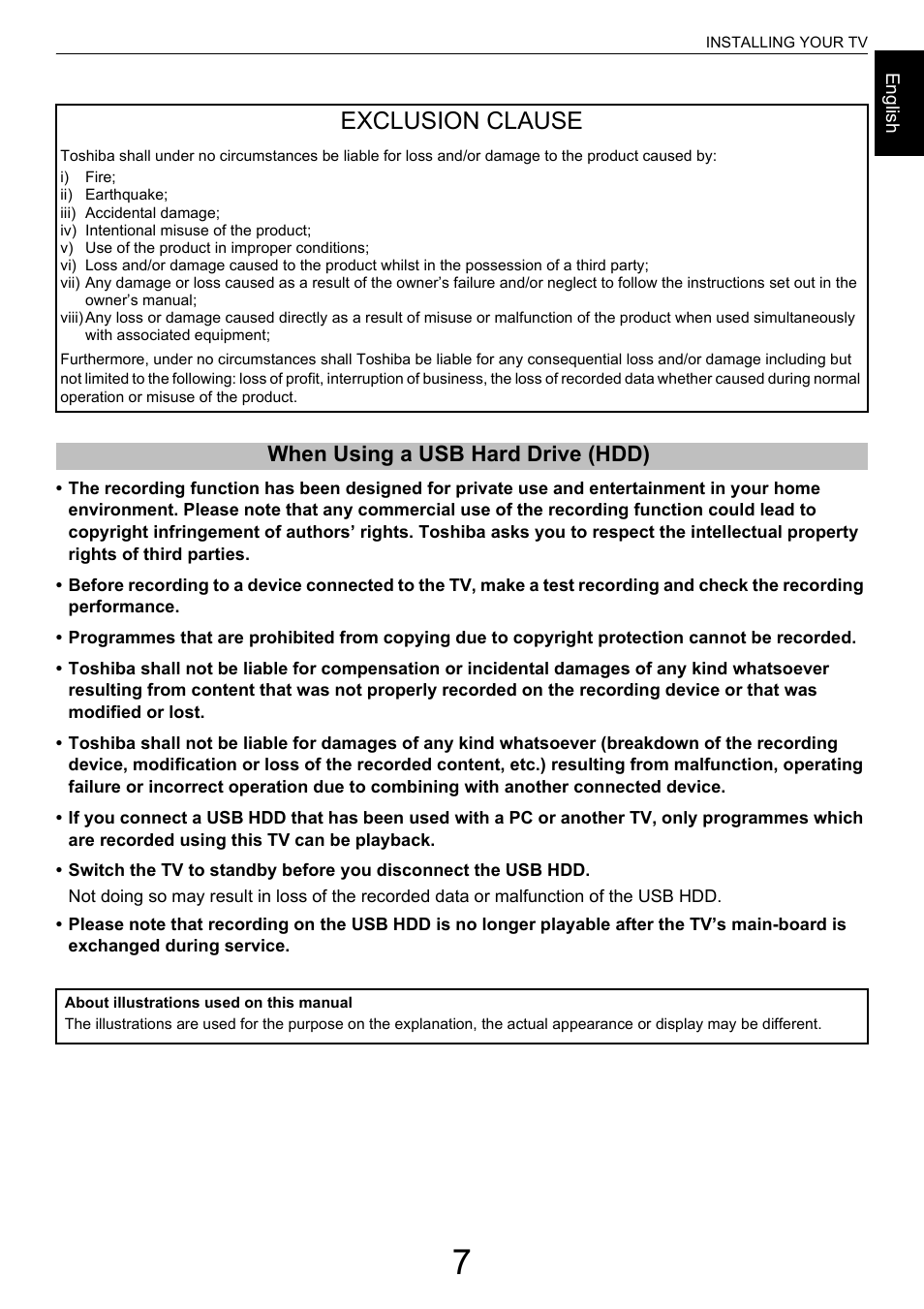 Exclusion clause, When using a usb hard drive (hdd) | Toshiba M9363 User Manual | Page 7 / 106