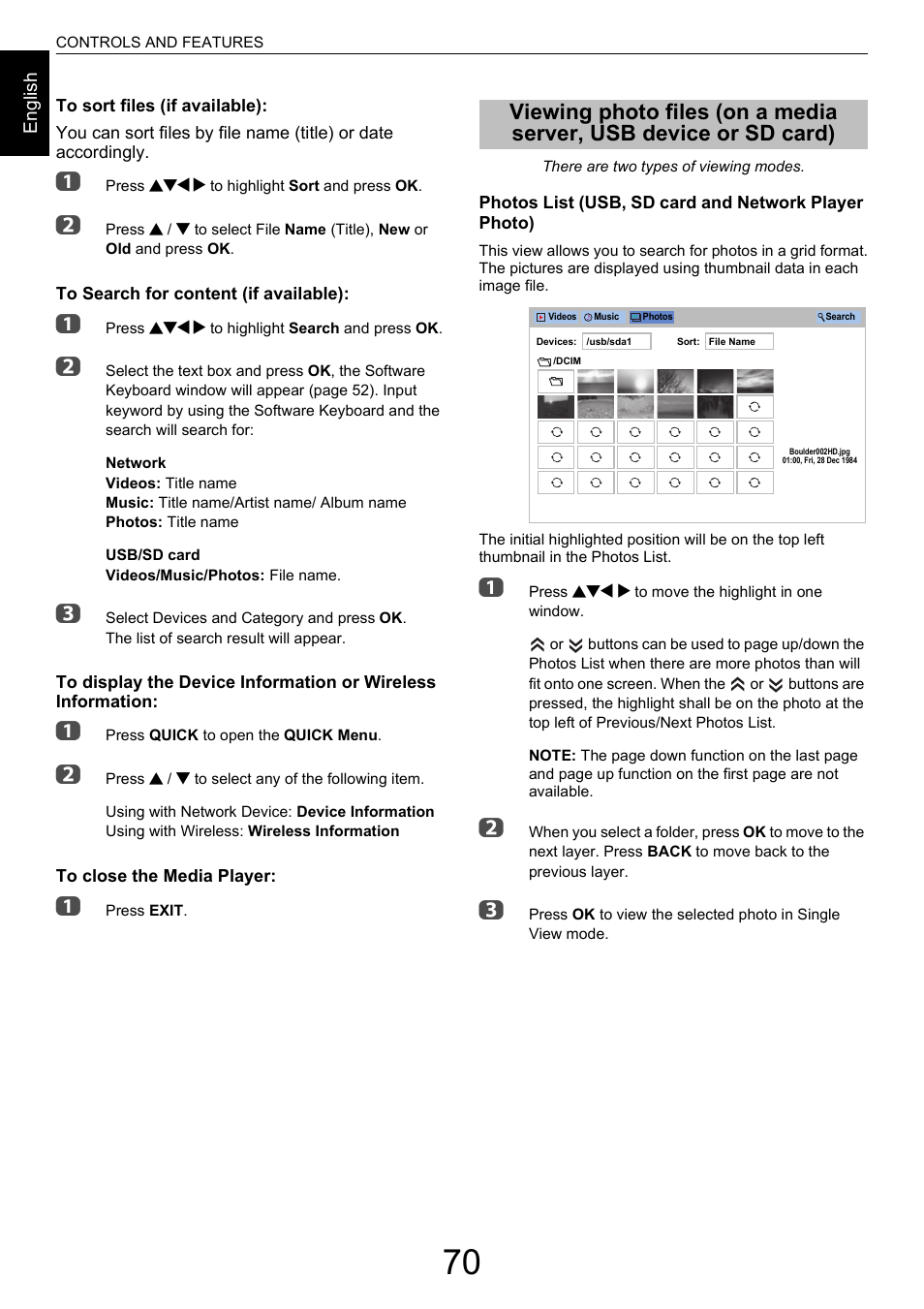 Viewing photo files (on a media server, Usb device or sd card) | Toshiba M9363 User Manual | Page 70 / 106