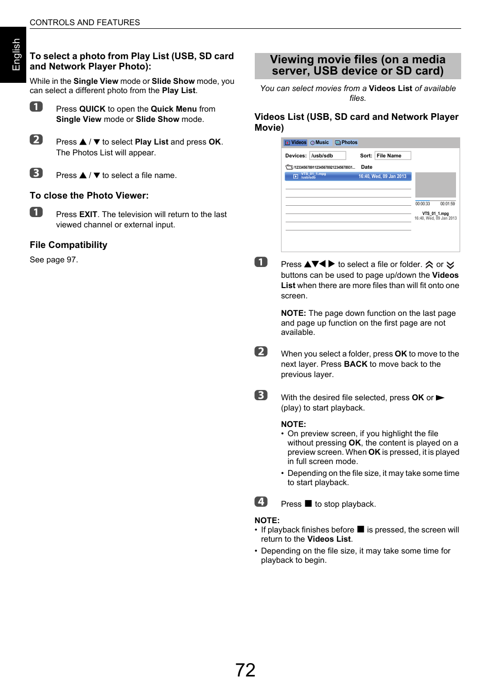 Viewing movie files (on a media server, Usb device or sd card) | Toshiba M9363 User Manual | Page 72 / 106