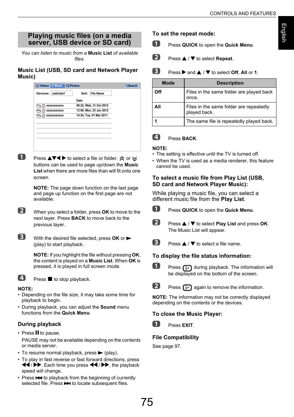 Playing music files (on a media server, Usb device or sd card) | Toshiba M9363 User Manual | Page 75 / 106