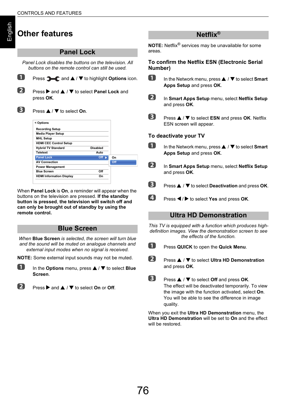 Other features, Panel lock, Blue screen | Netflix, Ultra hd demonstration, Panel lock blue screen netflix, Panel lock blue screen | Toshiba M9363 User Manual | Page 76 / 106