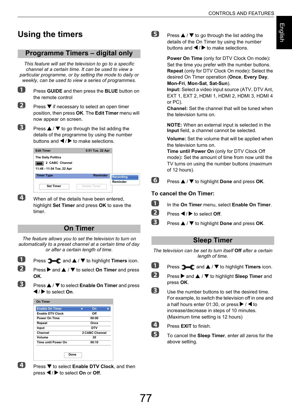 Using the timers, Programme timers – digital only, On timer | Sleep timer, Programme timers – digital only on timer | Toshiba M9363 User Manual | Page 77 / 106