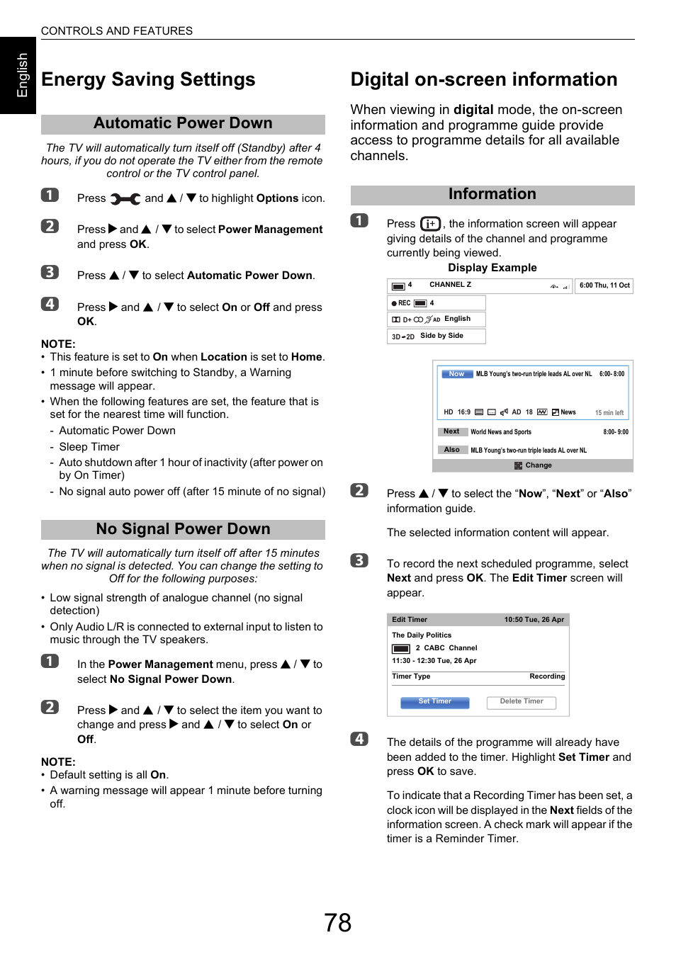 Energy saving settings, Automatic power down, No signal power down | Digital on-screen information, Information, Automatic power down no signal power down | Toshiba M9363 User Manual | Page 78 / 106