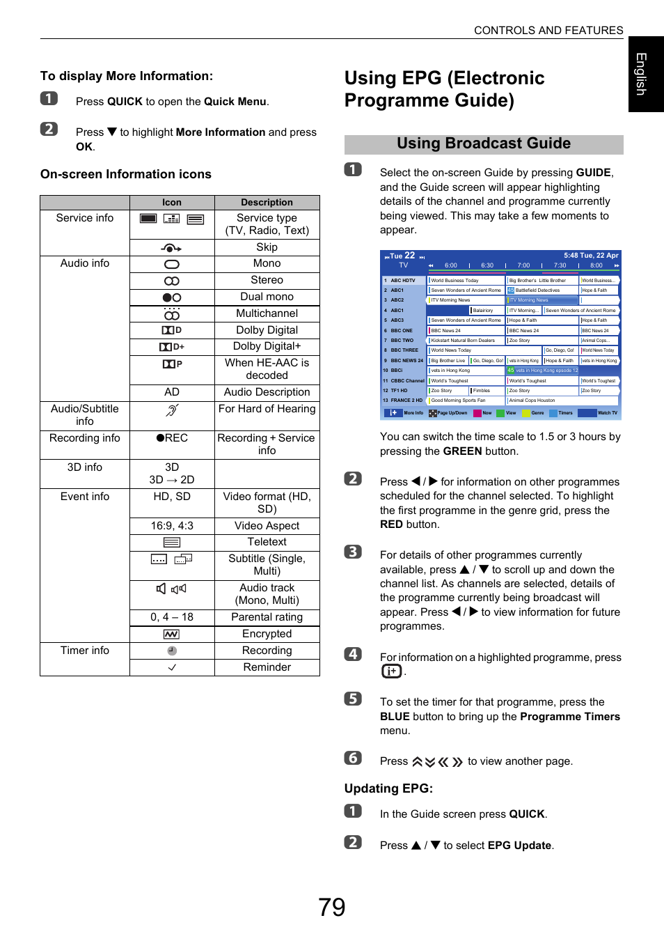 Using epg (electronic programme guide), Using broadcast guide, Engl ish | On-screen information icons, Updating epg | Toshiba M9363 User Manual | Page 79 / 106