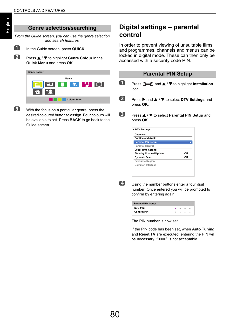 Genre selection/searching, Digital settings – parental control, Parental pin setup | Toshiba M9363 User Manual | Page 80 / 106