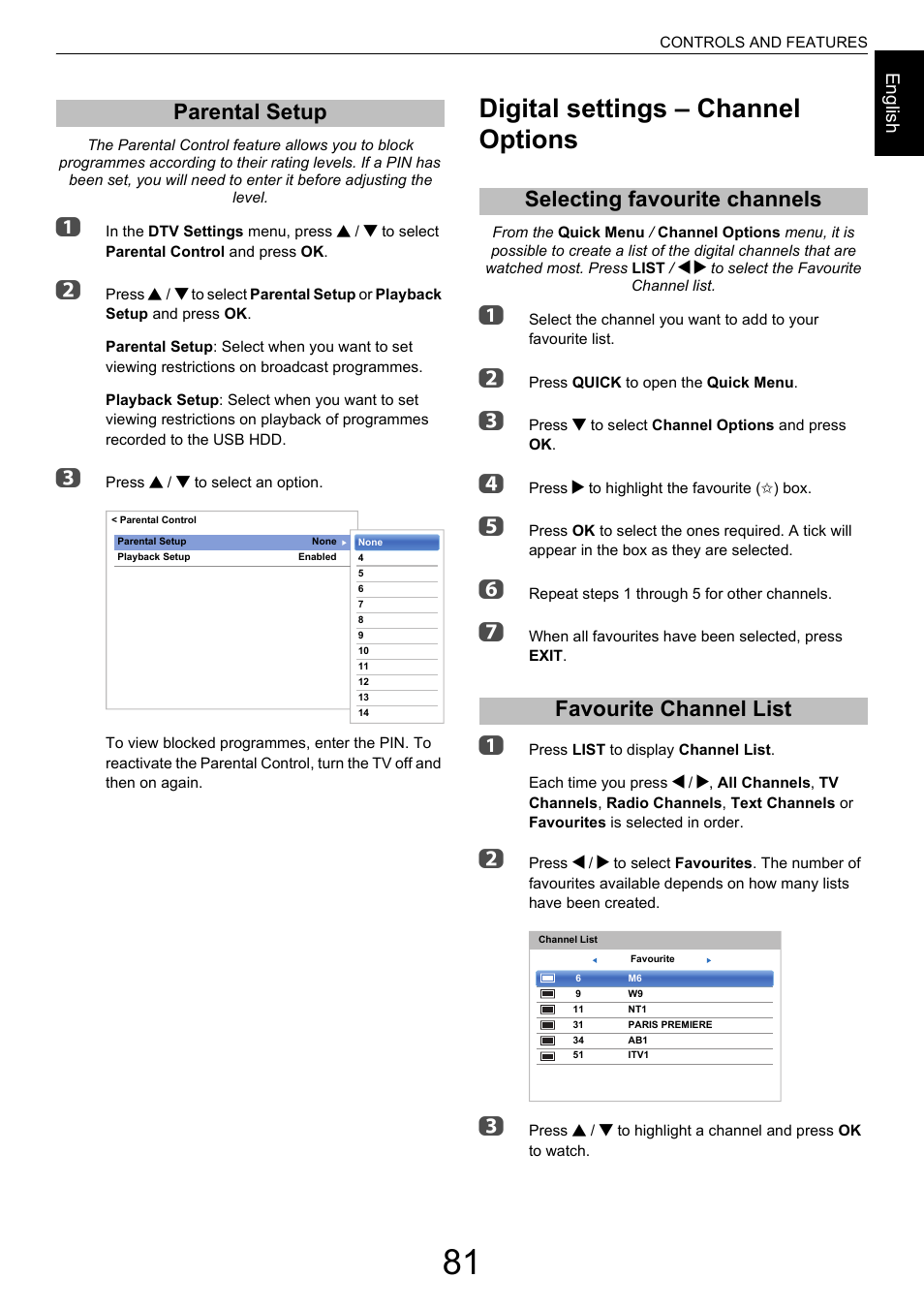 Parental setup, Digital settings – channel options, Selecting favourite channels | Favourite channel list | Toshiba M9363 User Manual | Page 81 / 106