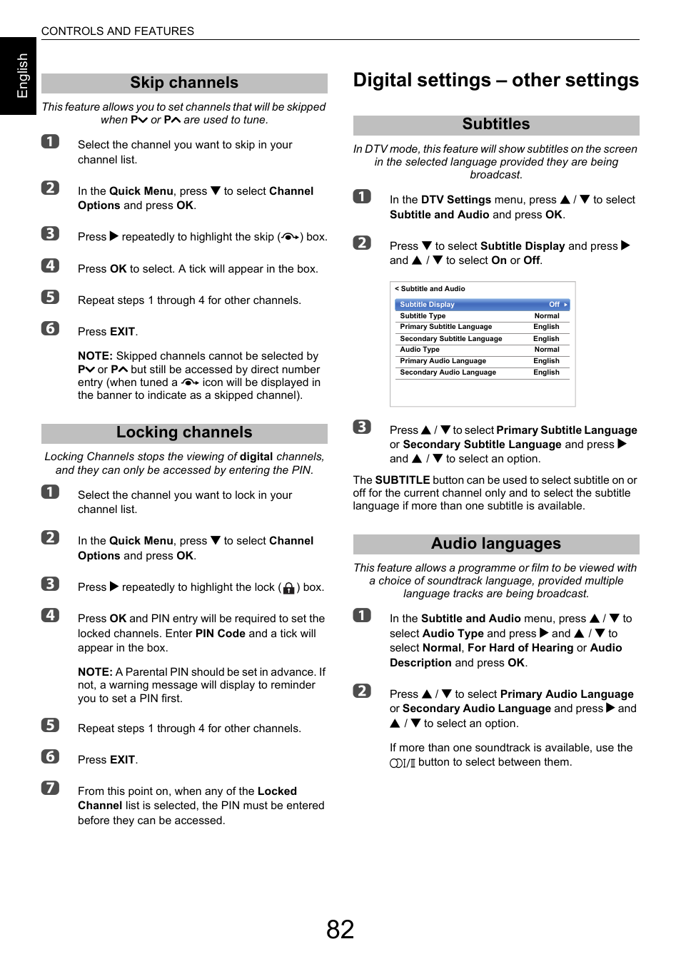 Skip channels, Locking channels, Digital settings – other settings | Subtitles, Audio languages, Skip channels locking channels, Subtitles audio languages, Audio languages” on pag | Toshiba M9363 User Manual | Page 82 / 106