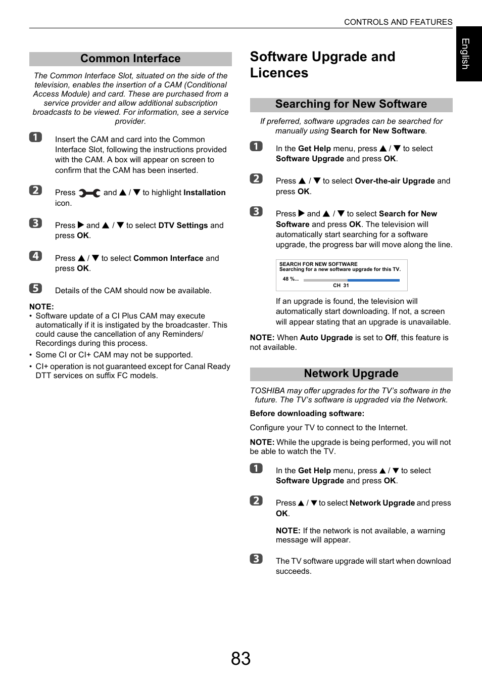 Common interface, Software upgrade and licences, Searching for new software | Network upgrade, Searching for new software network upgrade | Toshiba M9363 User Manual | Page 83 / 106