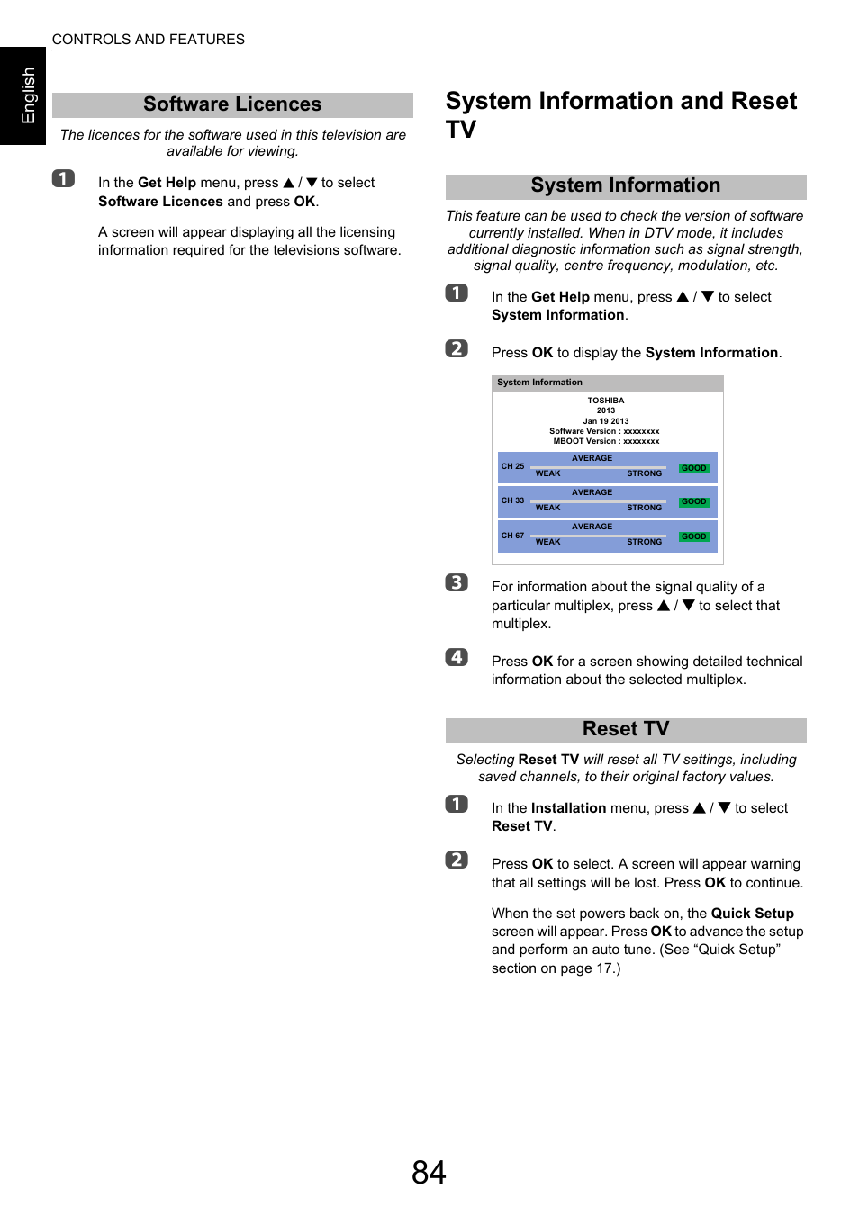 Software licences, System information and reset tv, System information | Reset tv, System information reset tv, Software licences system information reset tv, En g lis h | Toshiba M9363 User Manual | Page 84 / 106