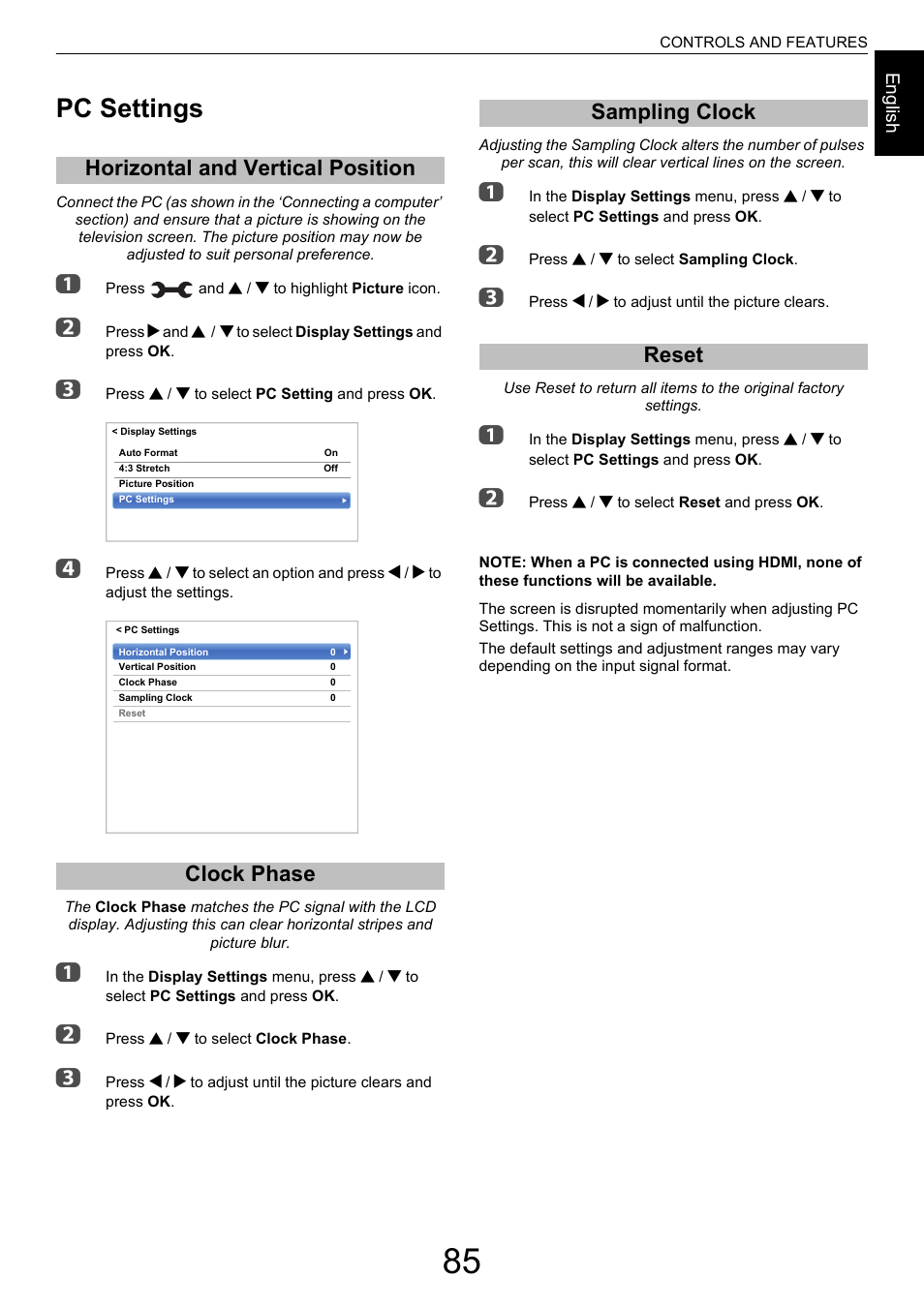 Pc settings, Horizontal and vertical position, Clock phase | Sampling clock, Reset, Ge 85), Horizontal and vertical position clock phase, Sampling clock reset | Toshiba M9363 User Manual | Page 85 / 106