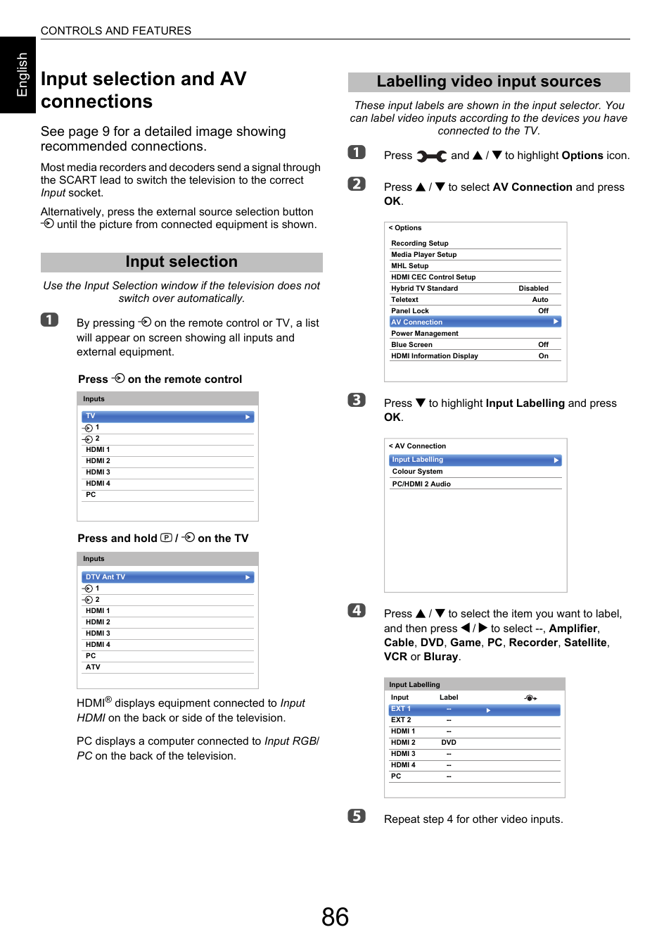 Input selection and av connections, Input selection, Labelling video input sources | Input selection labelling video input sources, En g lis h | Toshiba M9363 User Manual | Page 86 / 106