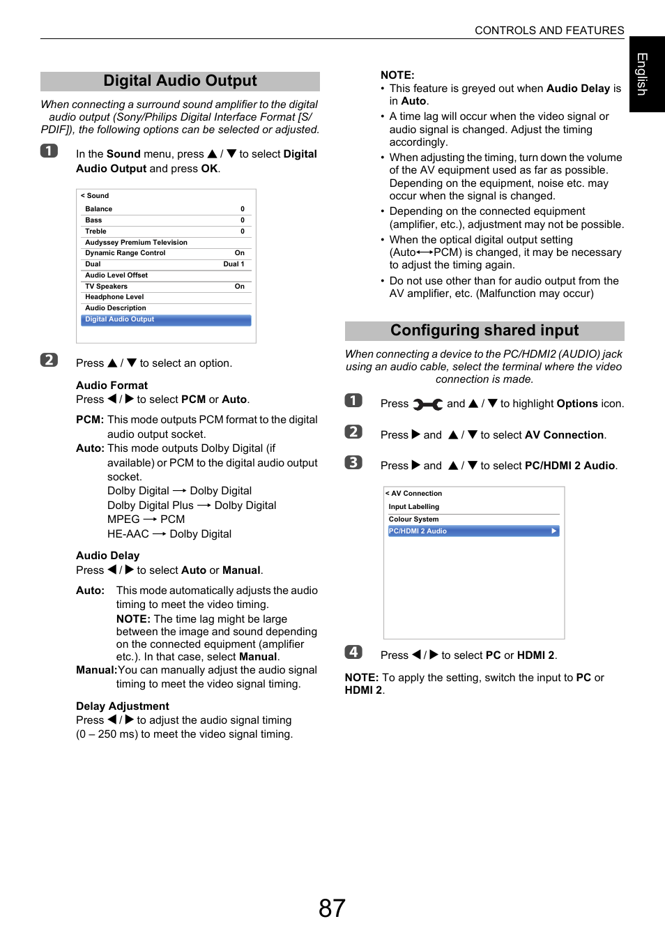 Digital audio output, Configuring shared input, Digital audio output configuring shared input | Toshiba M9363 User Manual | Page 87 / 106