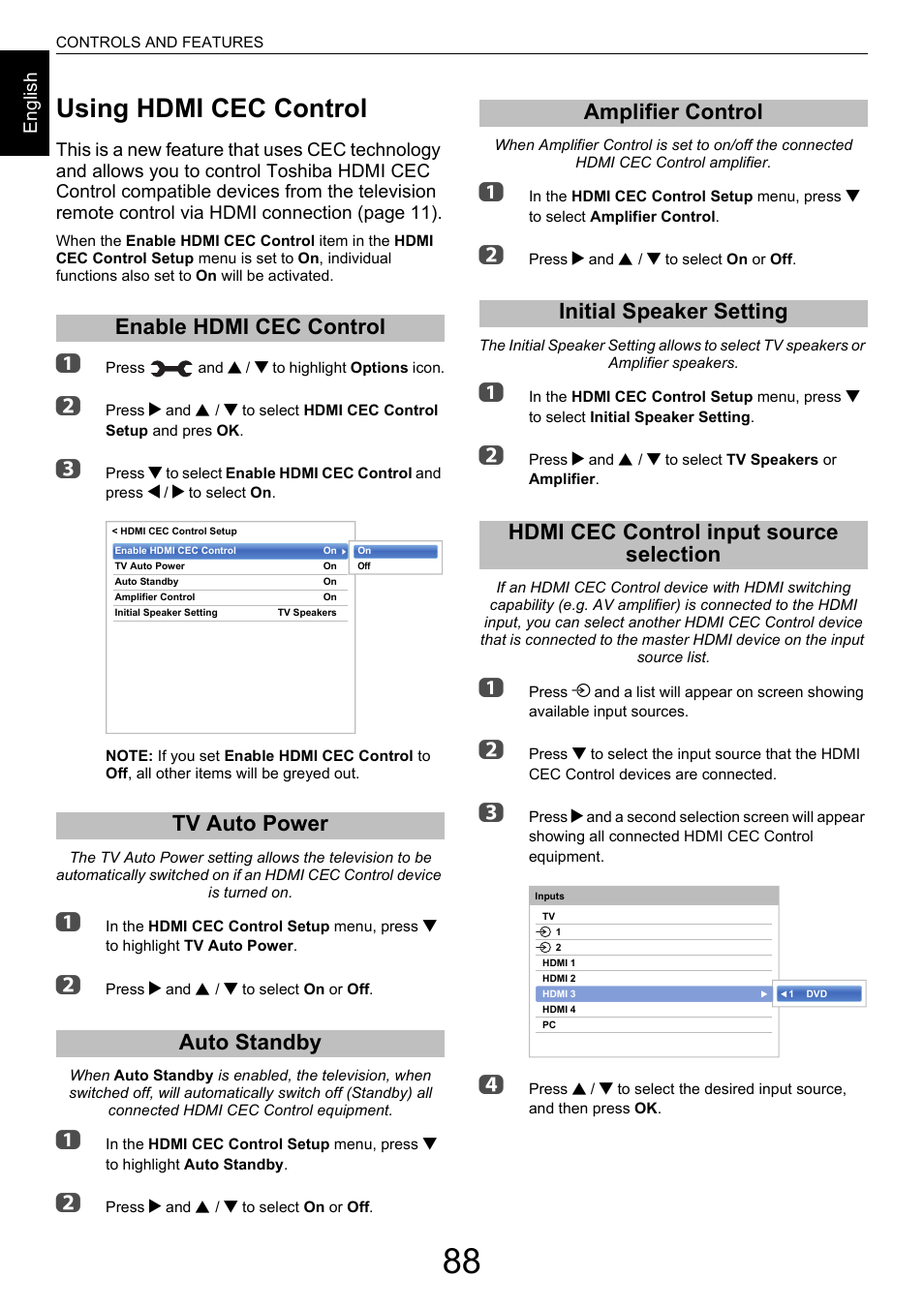 Using hdmi cec control, Enable hdmi cec control, Tv auto power | Auto standby, Amplifier control, Initial speaker setting, Hdmi cec control input source selection, Enable hdmi cec control tv auto power auto standby | Toshiba M9363 User Manual | Page 88 / 106