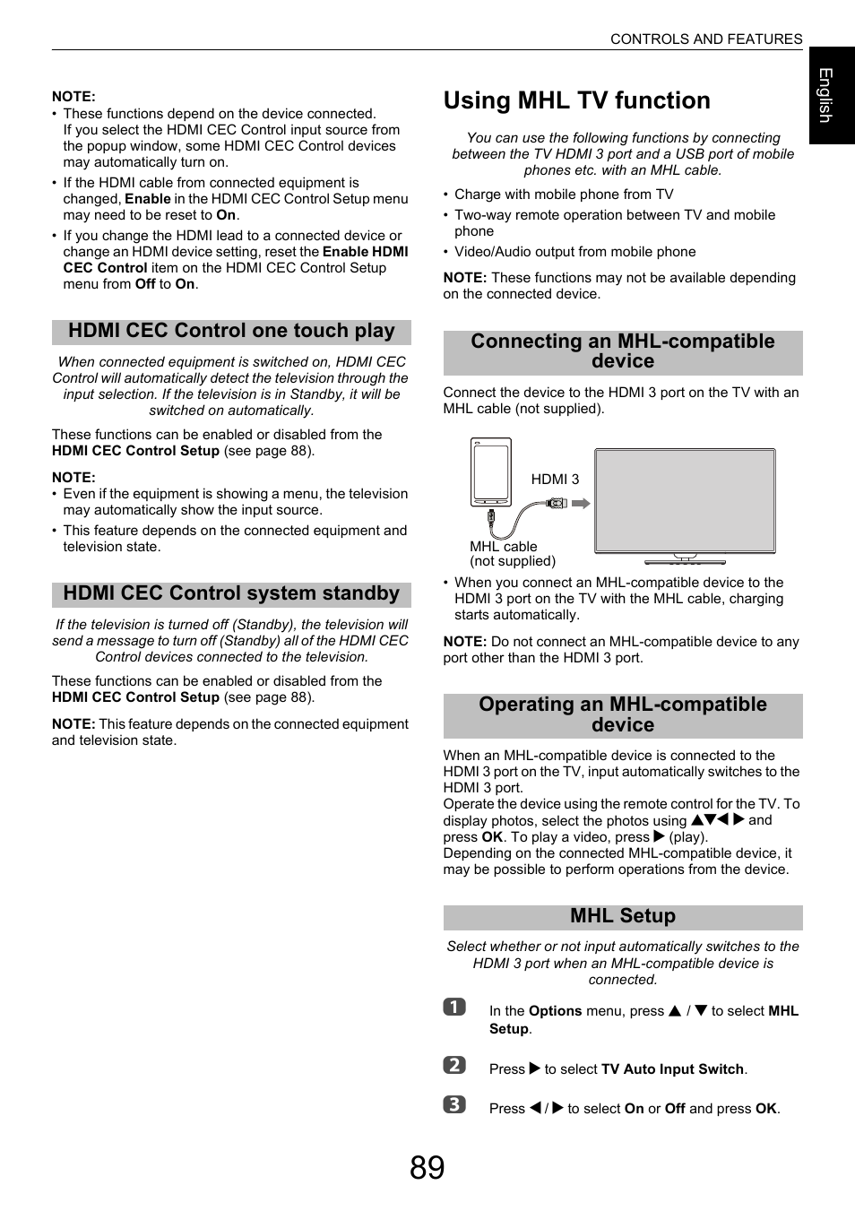 Hdmi cec control one touch play, Hdmi cec control system standby, Using mhl tv function | Connecting an mhl-compatible device, Operating an mhl-compatible device, Mhl setup | Toshiba M9363 User Manual | Page 89 / 106