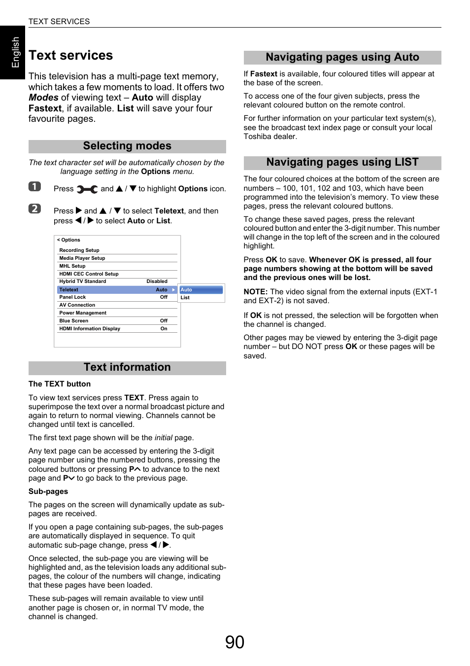 Text services, Selecting modes, Text information | Selecting modes text information | Toshiba M9363 User Manual | Page 90 / 106