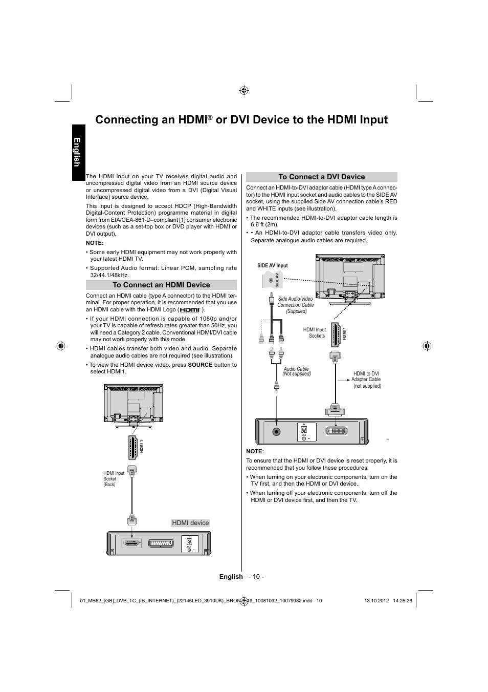 Connecting an hdmi, Or dvi device to the hdmi input, English | Toshiba BL712 User Manual | Page 11 / 44