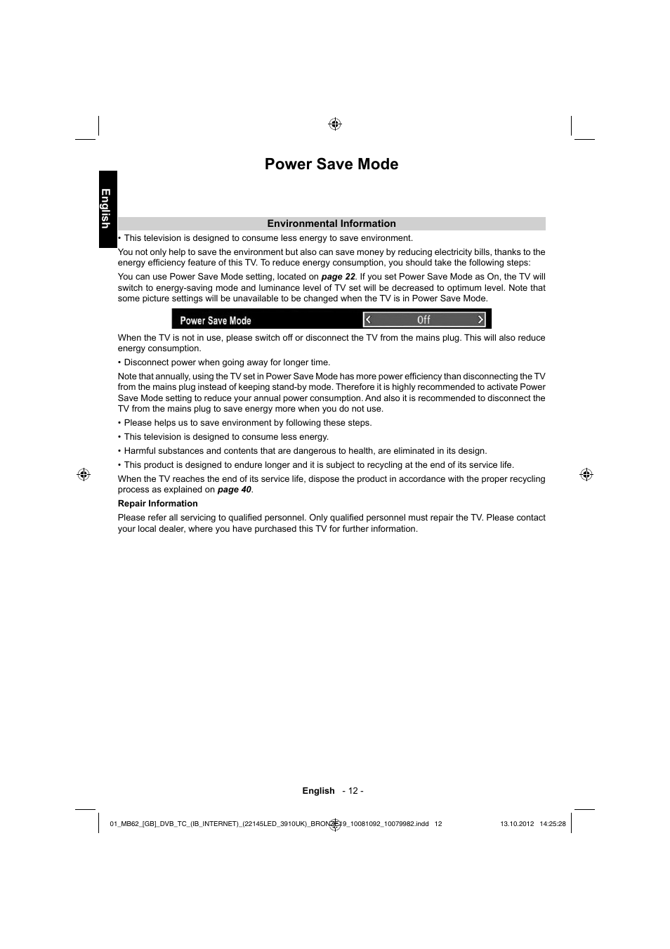 Power save mode, English | Toshiba BL712 User Manual | Page 13 / 44