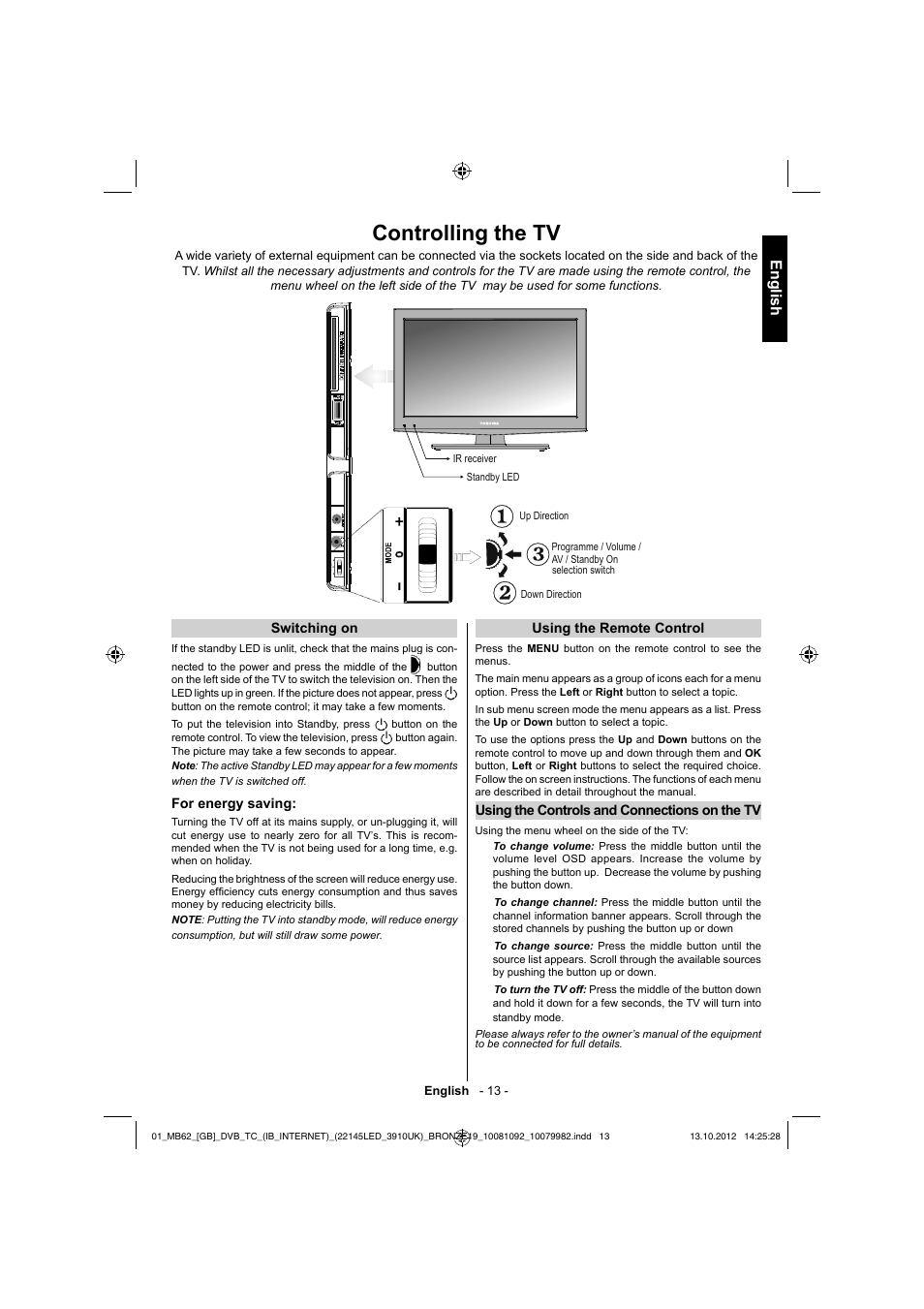 Controlling the tv, English | Toshiba BL712 User Manual | Page 14 / 44