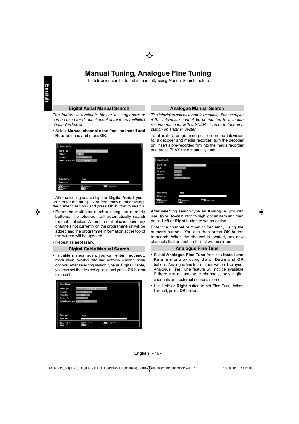 Manual tuning, analogue fine tuning, English | Toshiba BL712 User Manual | Page 17 / 44