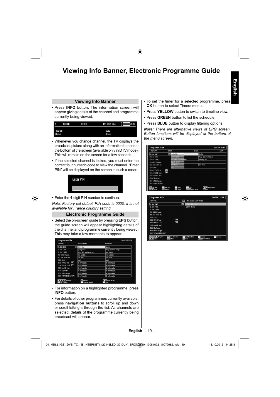 Viewing info banner, electronic programme guide, English | Toshiba BL712 User Manual | Page 20 / 44