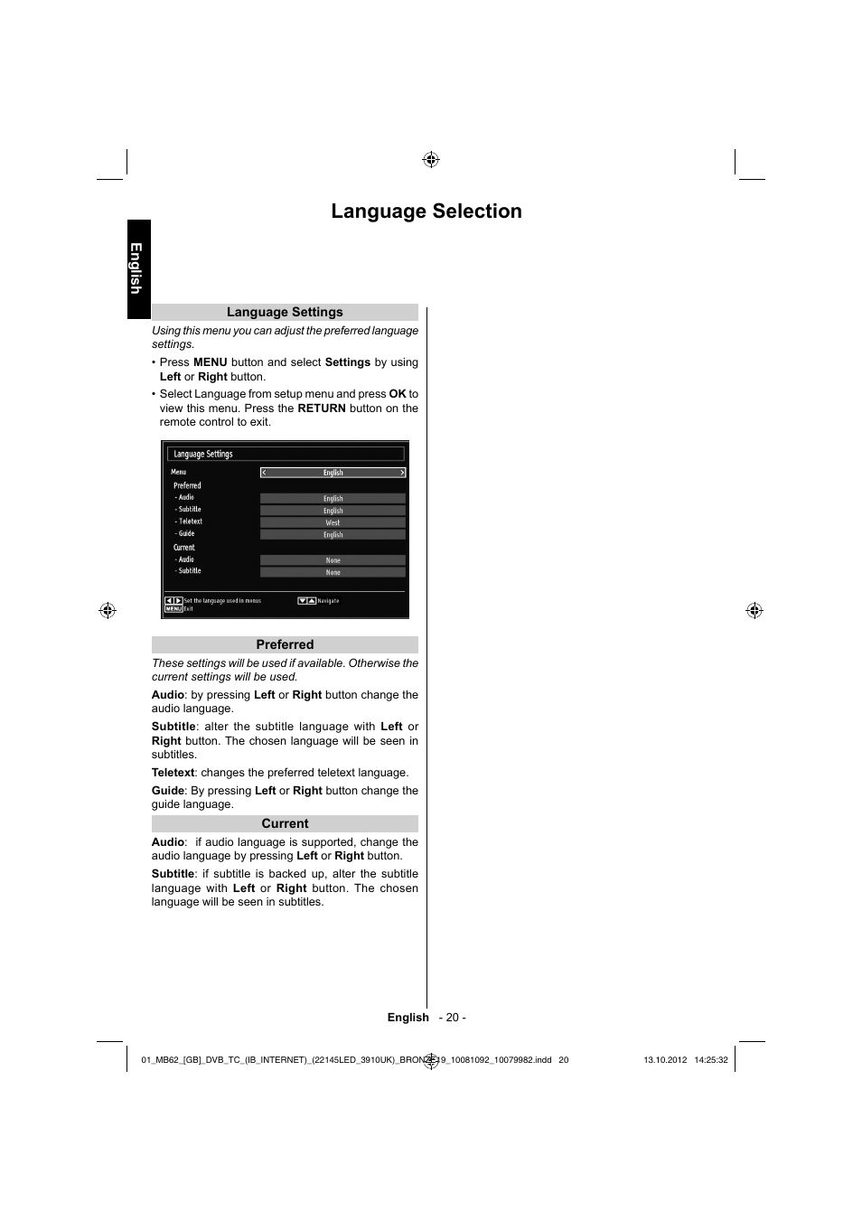 Language selection, English | Toshiba BL712 User Manual | Page 21 / 44