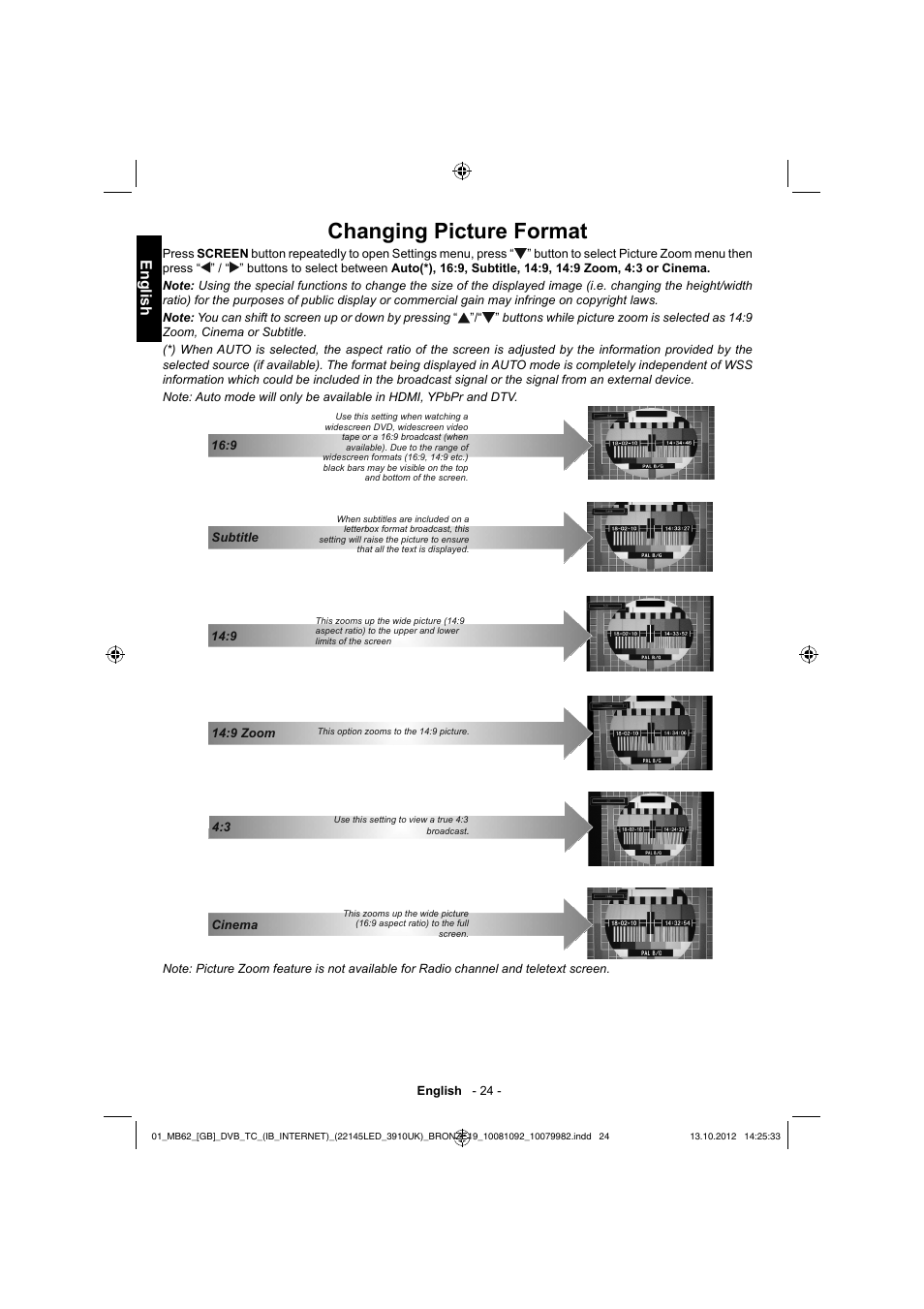 Changing picture format, English | Toshiba BL712 User Manual | Page 25 / 44