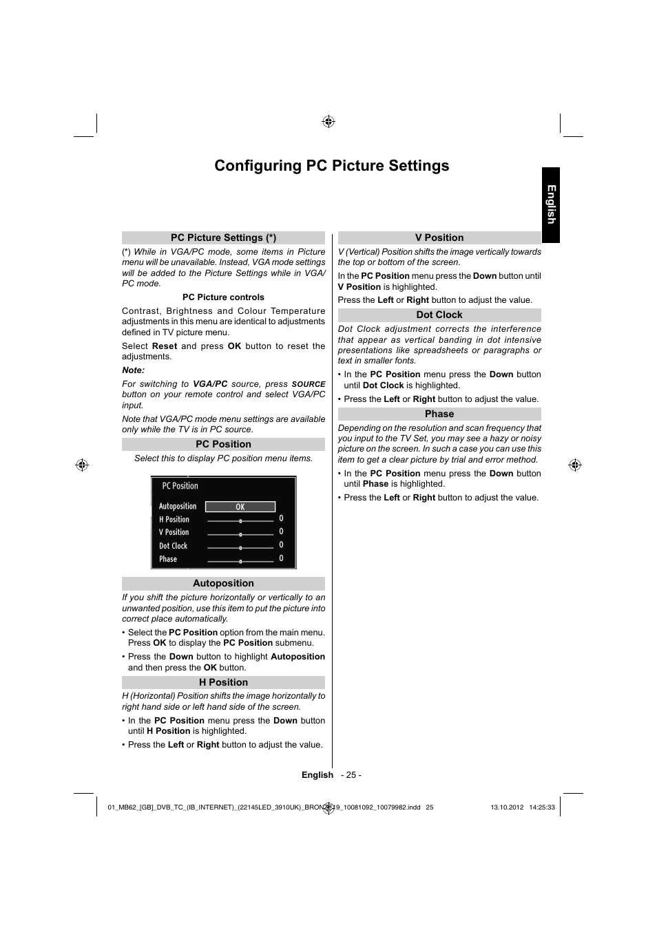 Confi guring pc picture settings, English | Toshiba BL712 User Manual | Page 26 / 44