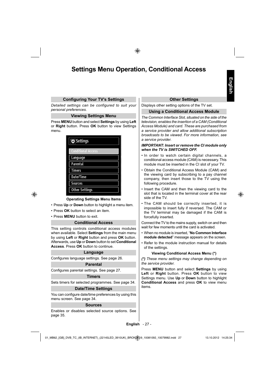 Settings menu operation, conditional access, English | Toshiba BL712 User Manual | Page 28 / 44