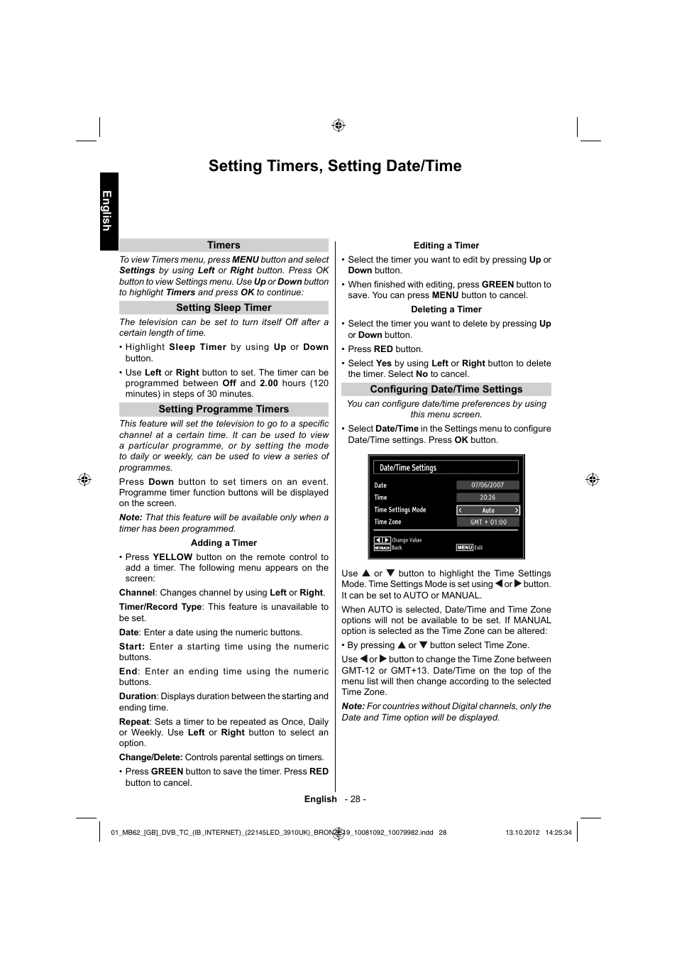 Setting timers, setting date/time, English | Toshiba BL712 User Manual | Page 29 / 44