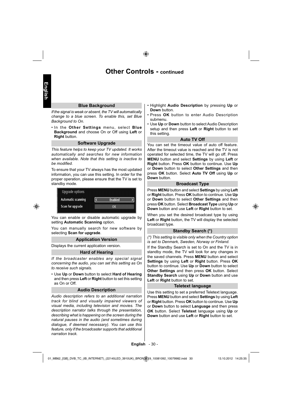 Other controls, English, Continued | Toshiba BL712 User Manual | Page 31 / 44