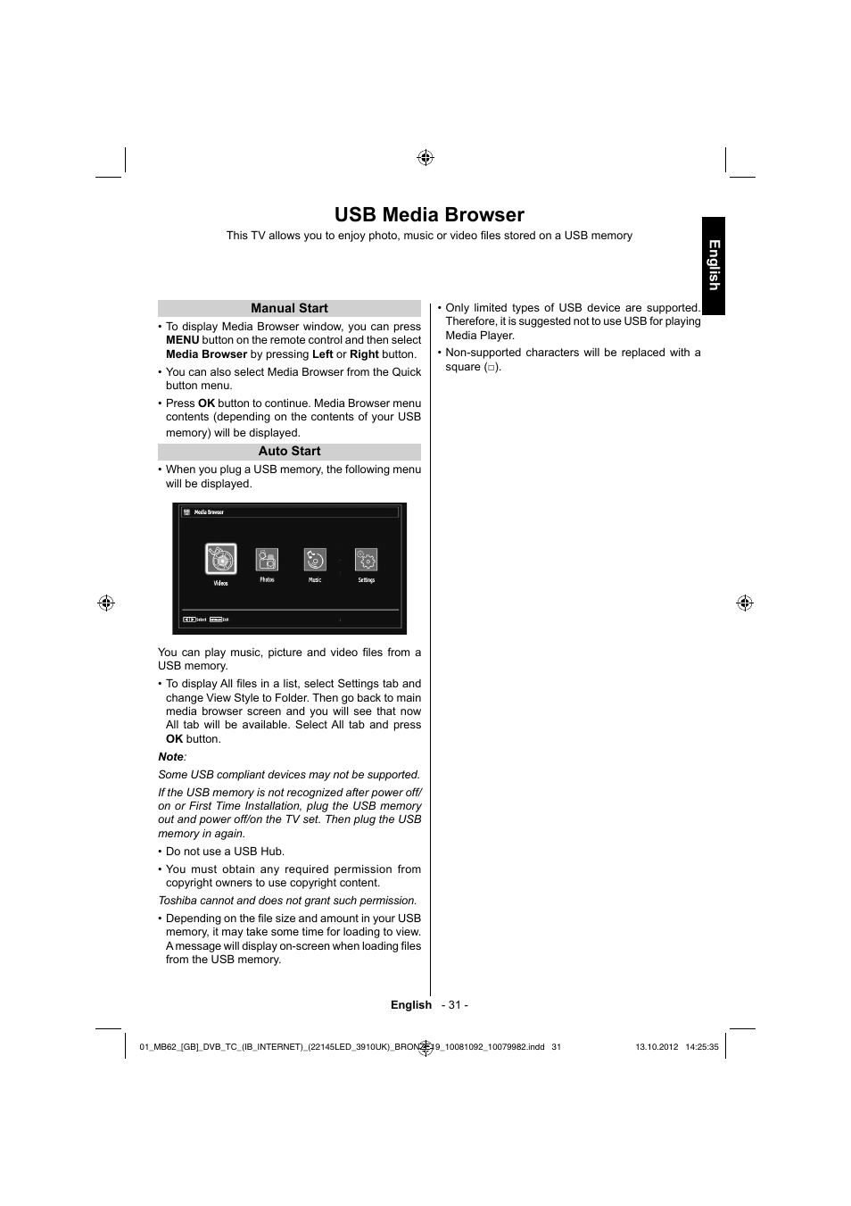 Usb media browser, English | Toshiba BL712 User Manual | Page 32 / 44