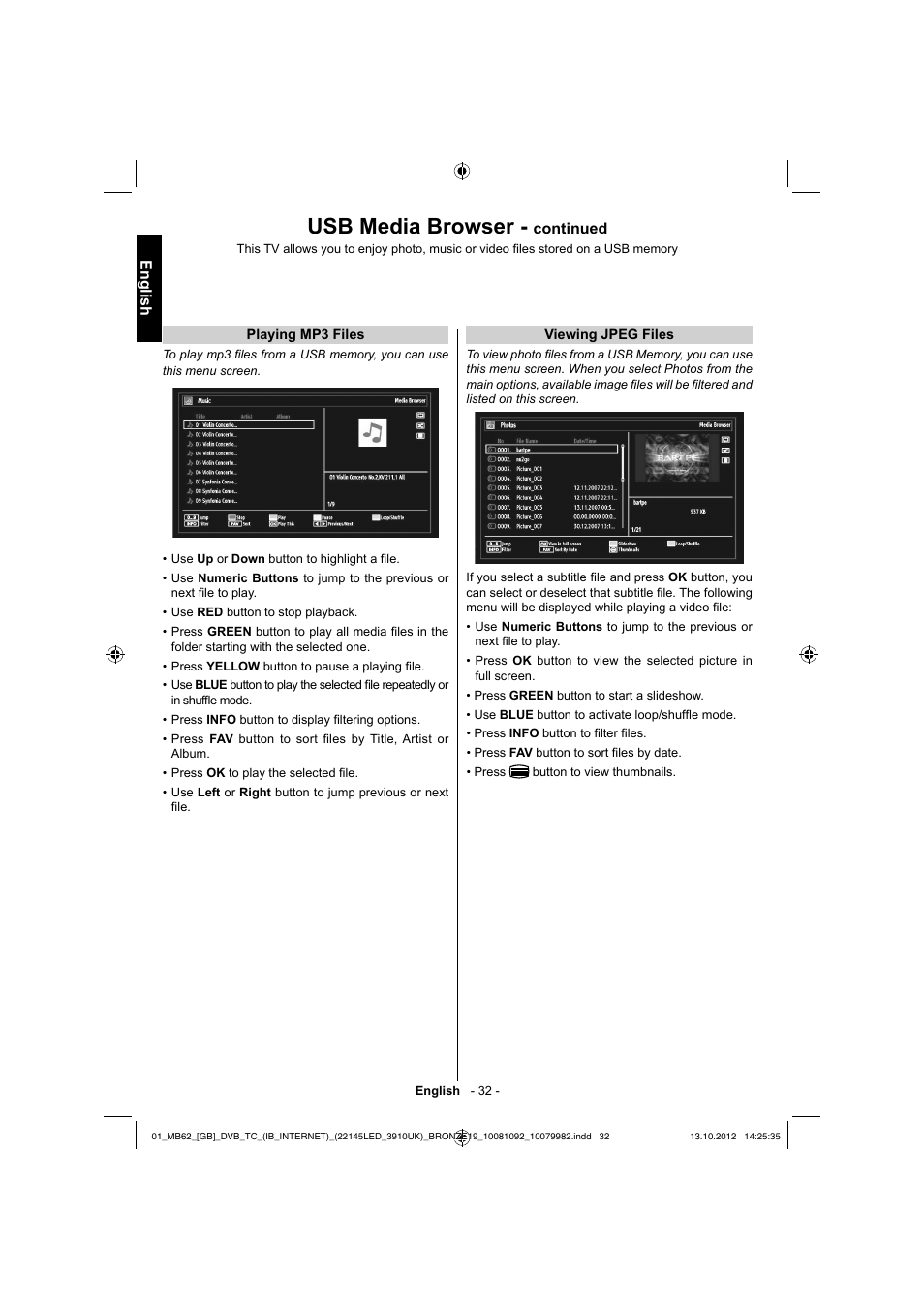 Usb media browser, English, Continued | Toshiba BL712 User Manual | Page 33 / 44