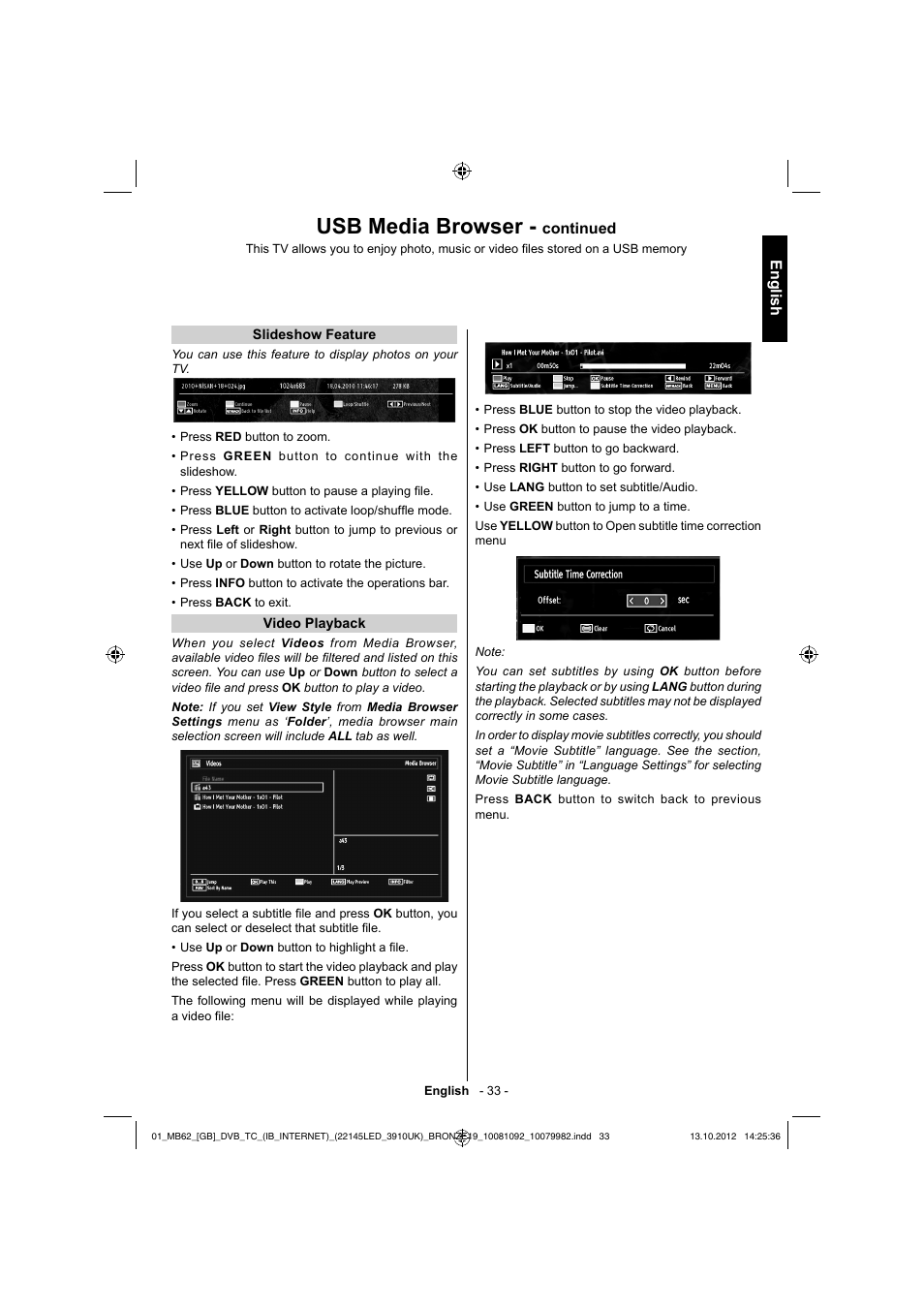 Usb media browser, English, Continued | Toshiba BL712 User Manual | Page 34 / 44