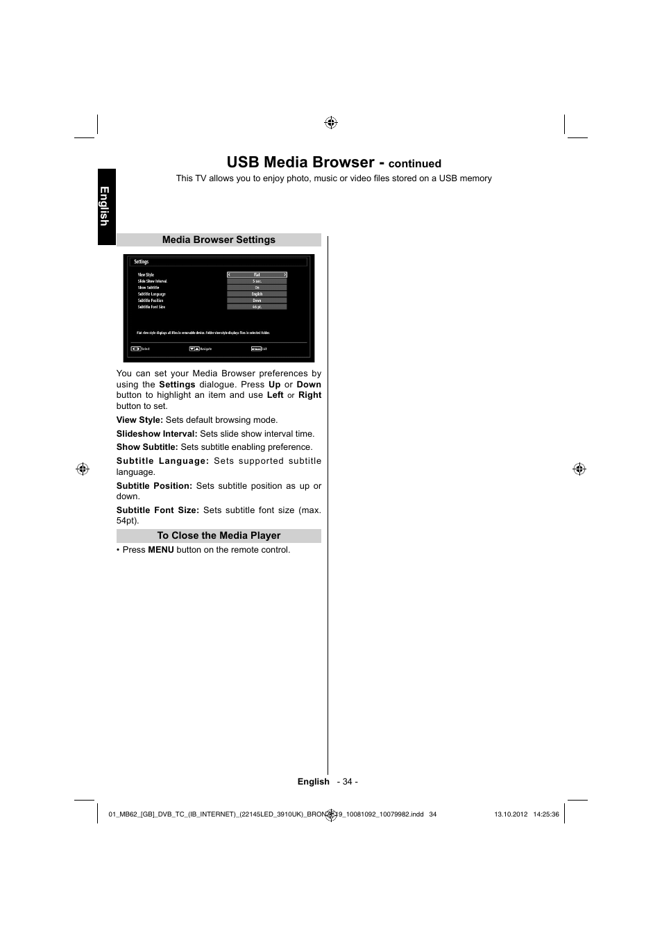 Usb media browser, English, Continued | Toshiba BL712 User Manual | Page 35 / 44