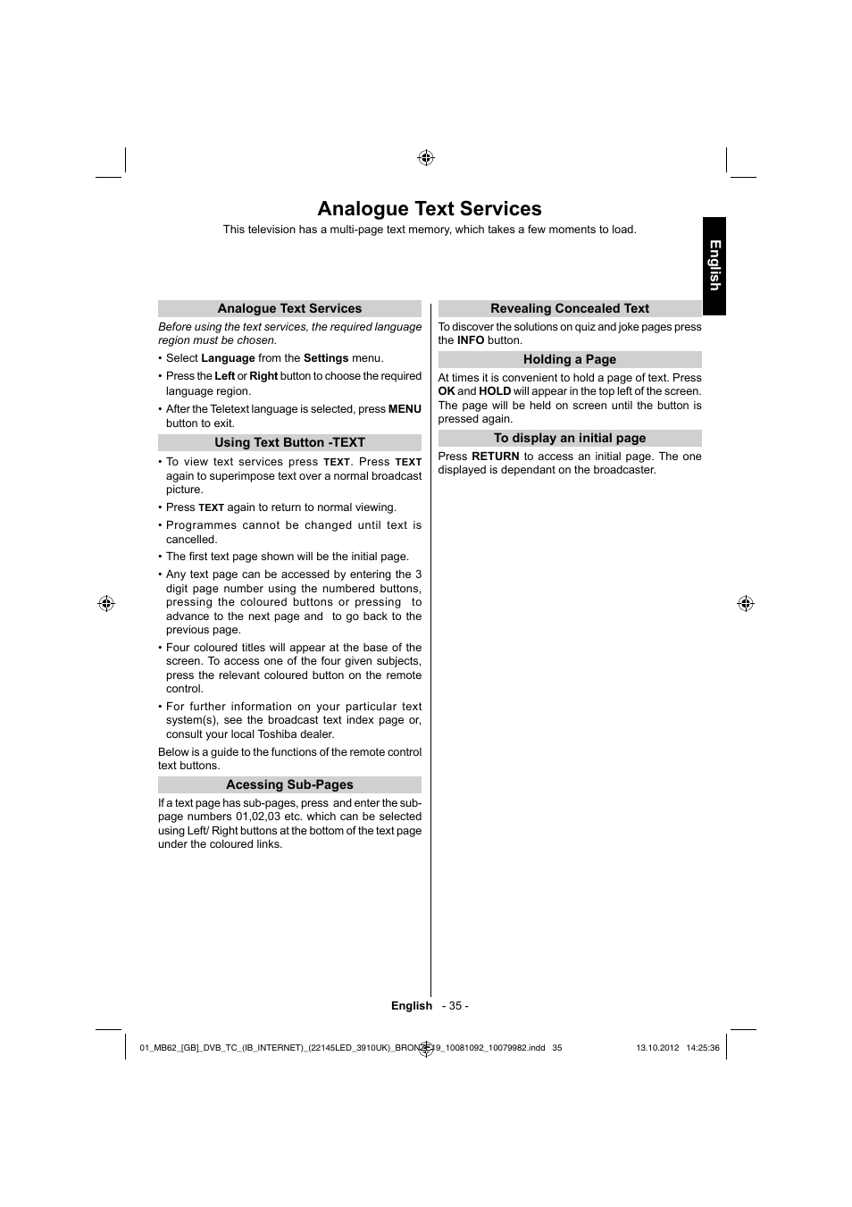 Analogue text services, English | Toshiba BL712 User Manual | Page 36 / 44