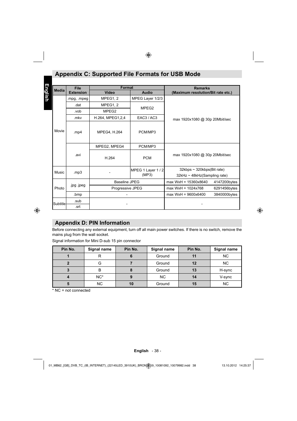 Appendix c: supported file formats for usb mode, Appendix d: pin information, English | Toshiba BL712 User Manual | Page 39 / 44