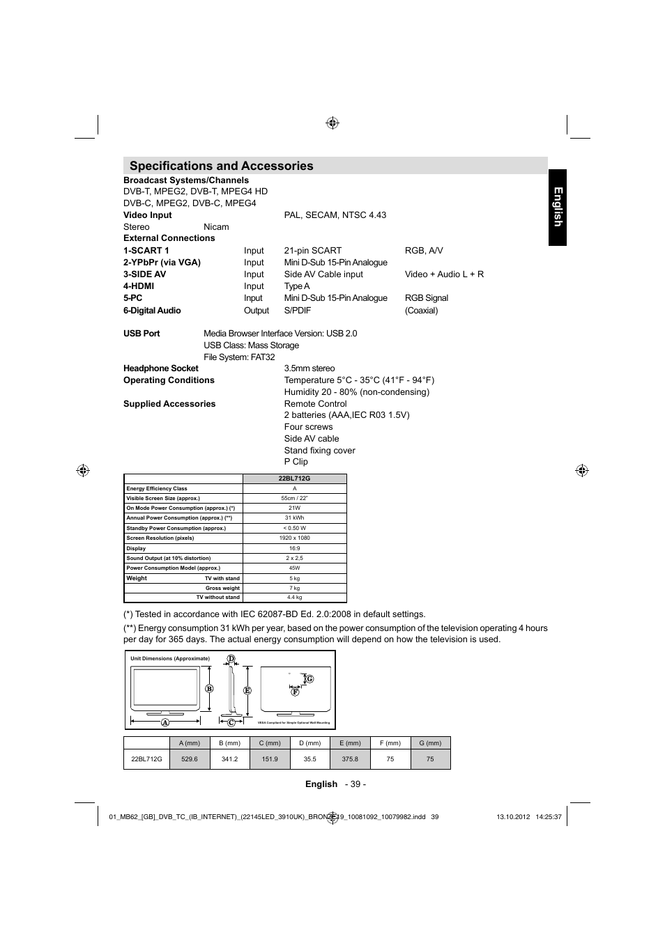 Specifi cations and accessories, English | Toshiba BL712 User Manual | Page 40 / 44