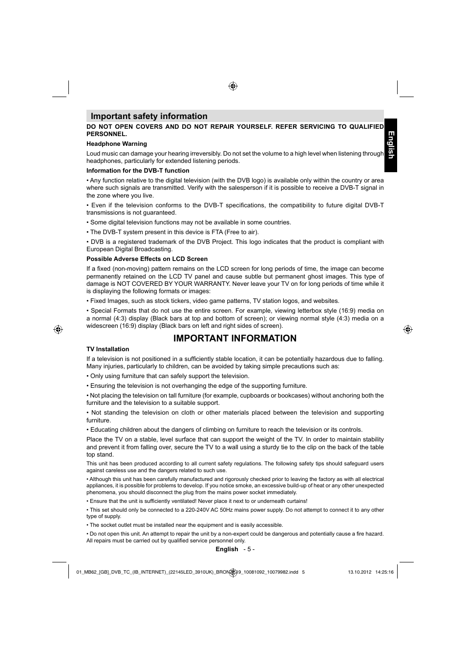 Important information, Important safety information, English | Toshiba BL712 User Manual | Page 6 / 44