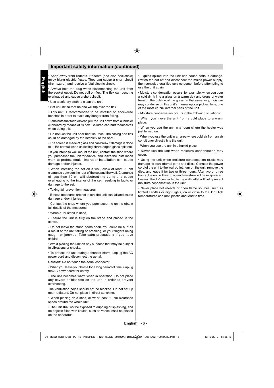 English, Important safety information (continued) | Toshiba BL712 User Manual | Page 7 / 44