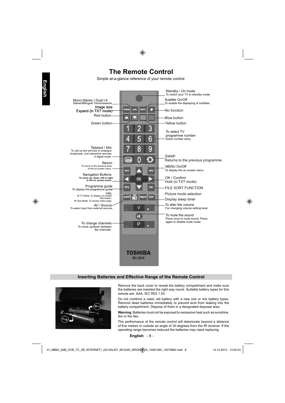 The remote control, Toshiba, English | Toshiba BL712 User Manual | Page 9 / 44