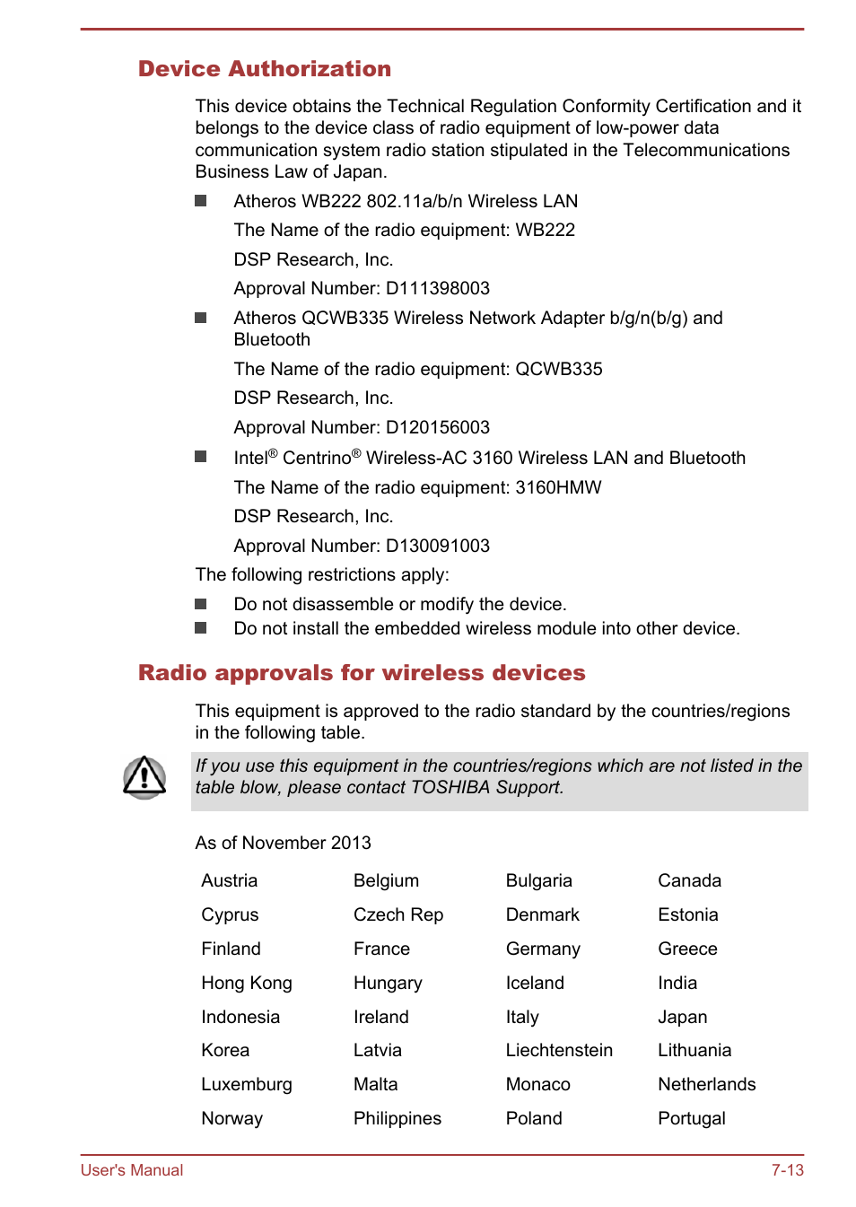 Device authorization, Radio approvals for wireless devices | Toshiba Satellite NB10T-A User Manual | Page 110 / 116