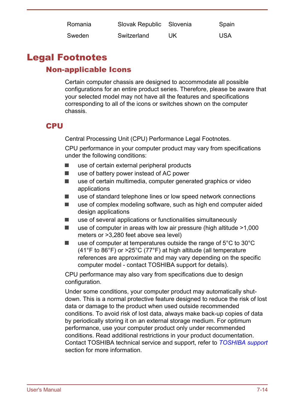 Legal footnotes, Non-applicable icons, Legal footnotes -14 | Section | Toshiba Satellite NB10T-A User Manual | Page 111 / 116