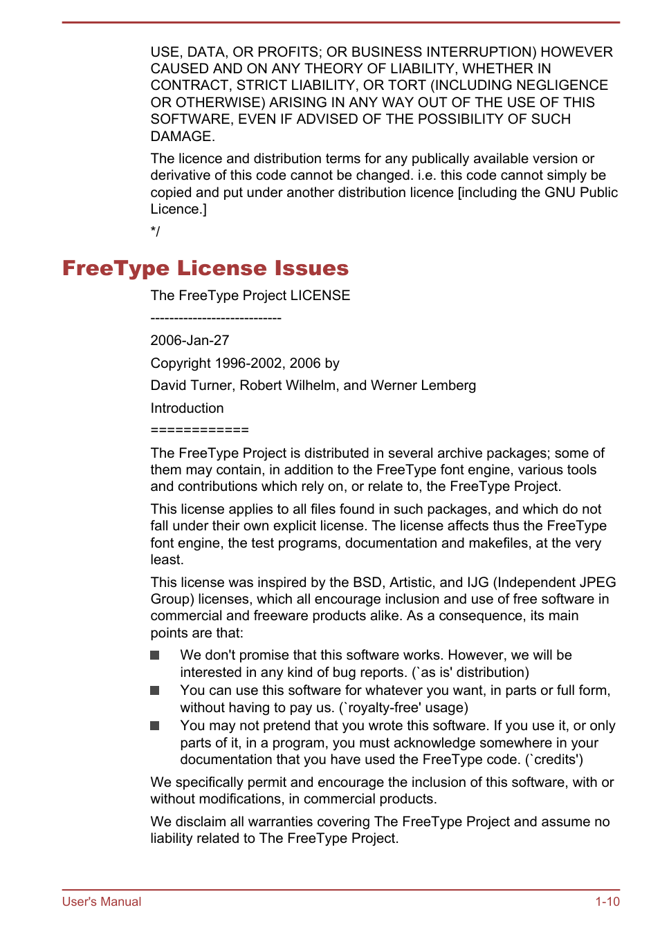 Freetype license issues, Freetype license issues -10 | Toshiba Satellite NB10T-A User Manual | Page 13 / 116